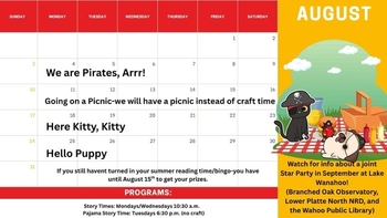 Story time calendar for August. Week 1 is 