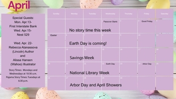 Story time calendar for April. Week 1 there is no story time, 2 is 