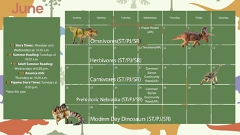 Story time calendar for June. Week 1 is omnivores, 2 is herbivores, 3 is carnivores, 4 is prehistoric Nebraska, and 5 is modern day dinosaurs.