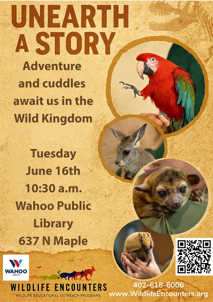 Adventure and cuddles await us in the Wild Kingdom. Tuesday, June 16th at 10:30 a.m. Wildlife Encounters.