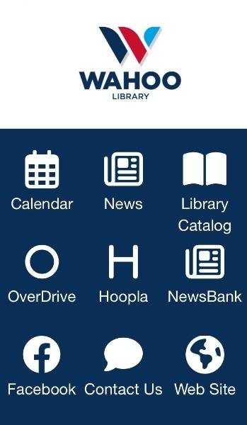Screenshot of the app menu. The library's logo is at the top, then icons for the app's services and links below.